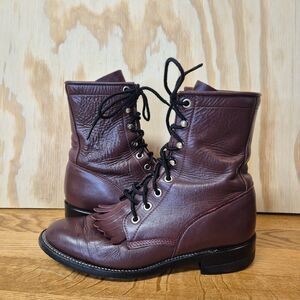 Vintage Justin L0510 Womens 5.5B Burgundy Leather Kiltie Boots USA